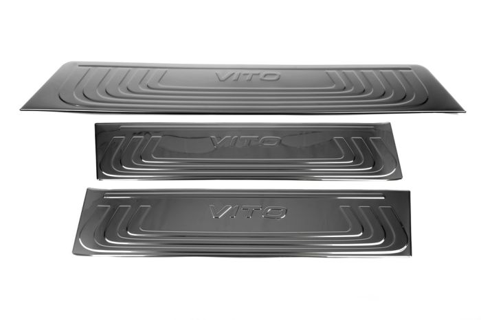 Накладки на внутренние пороги Черный Хром (нерж) 3 накладки для Mercedes Vito / V W447 2014-2024 гг