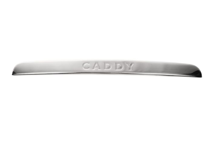 Накладка над номером (1 дверн, нерж) Прямая с надписью, Carmos - Турецкая сталь. для Volkswagen Caddy 2010-2015 гг